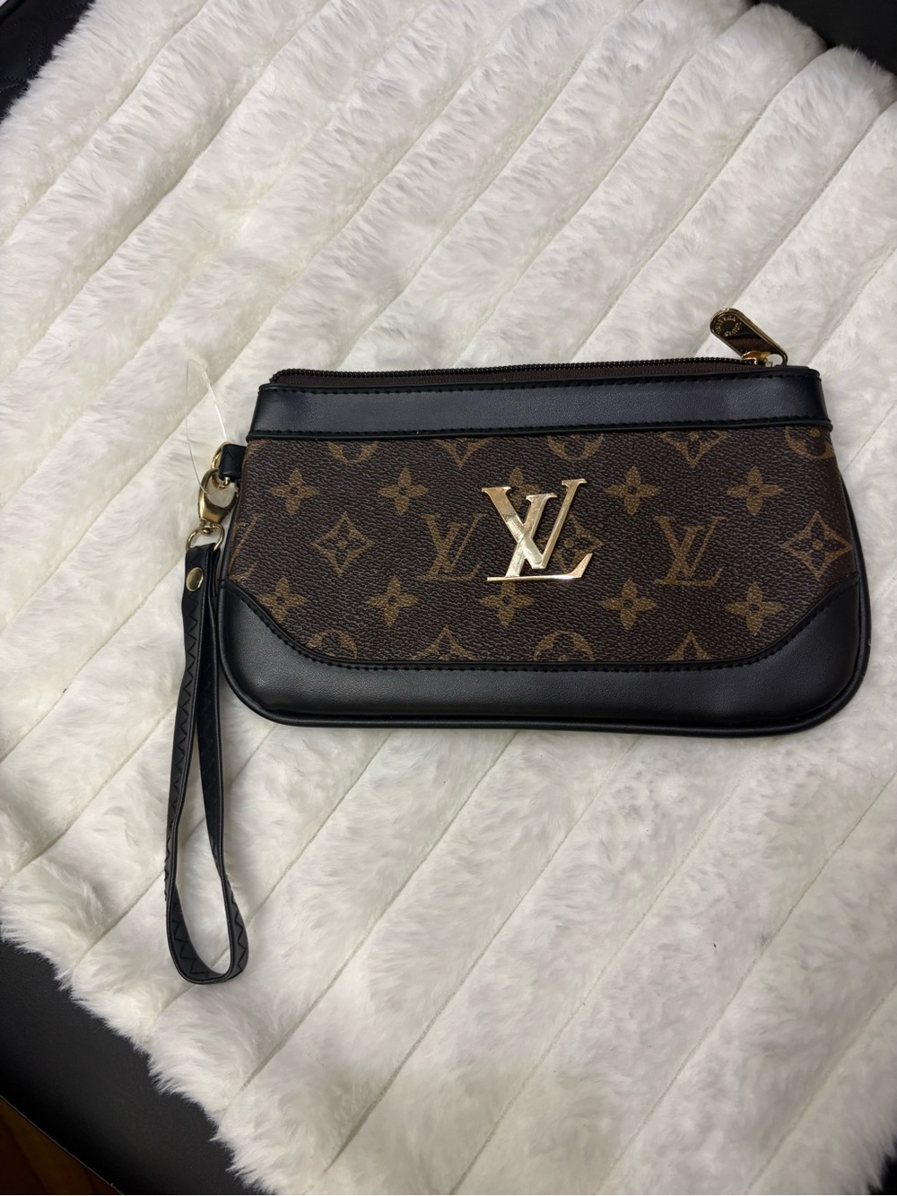 & Other Stories Brown Monogram Leather Wristlet with Gold Hardware